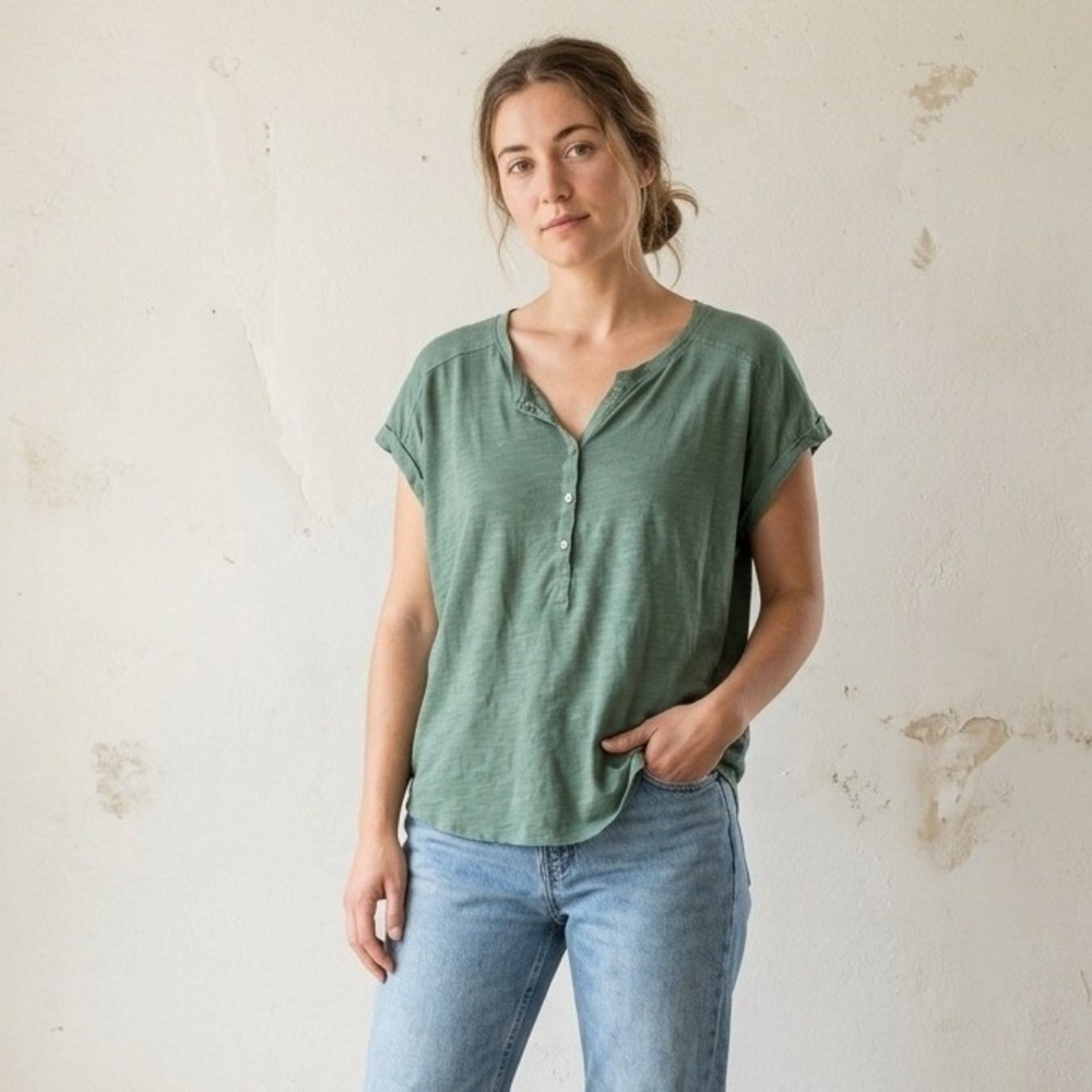 Pact Womens Top Medium Green Henley Slub Knit Cap Sleeve Organic Cotton Casual